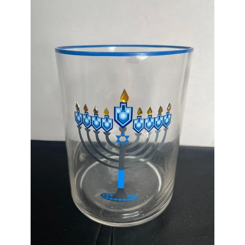 Hanukkah Menorah‎ Glass Cylinder Vase Blue Silver Star of David 8 Inch Clear